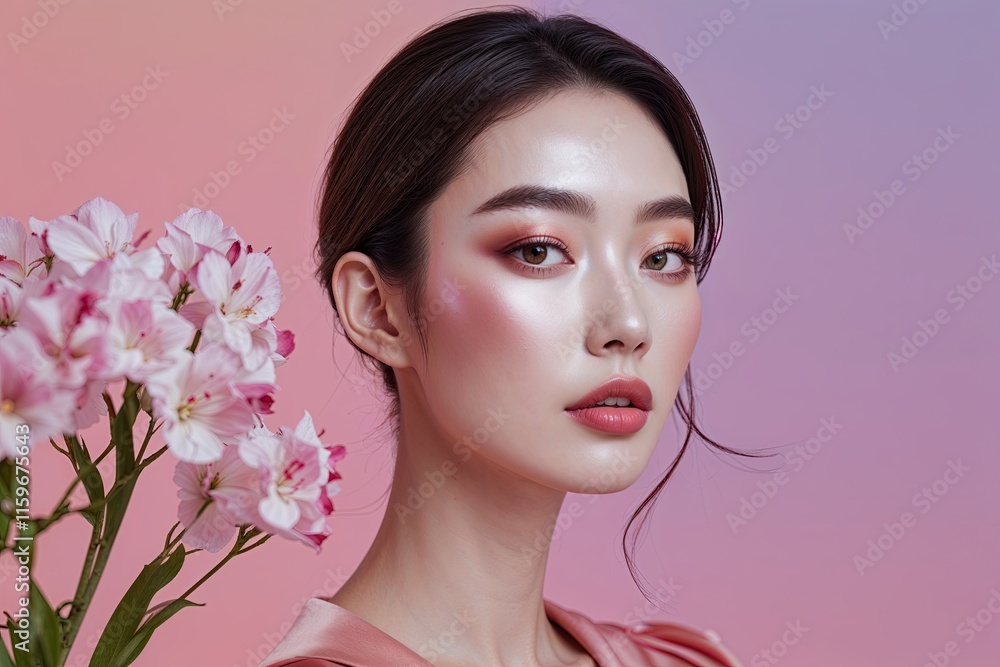 Beautiful Young Asian Woman with Flawless Skin and Trendy K-Beauty Makeup for Skincare Promotion Beautiful Young Asian Woman with Flawless Skin and Trendy K-Beauty Makeup for Skincare Promotion