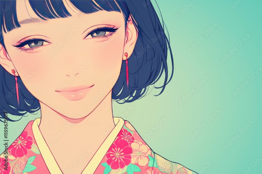 illustration of a anime female smiling and wearing Japanese Kimono , pastel background illustration of a anime female smiling and wearing Japanese Kimono , pastel background