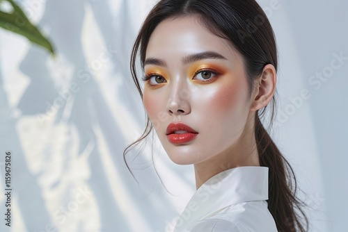 Stunning Young Asian Woman Displays Radiant KBeauty Makeup Trends with Glowing Skin Against a Bright White Background photo