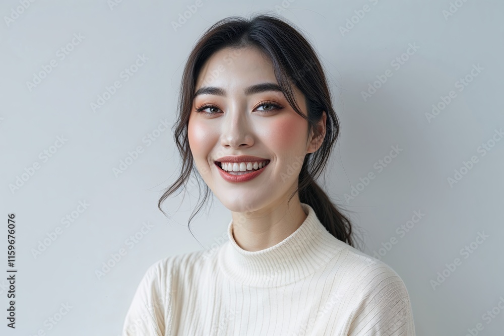 Cheerful Asian Woman Displaying KBeauty Makeup and Glowing Skin on Simple White Background