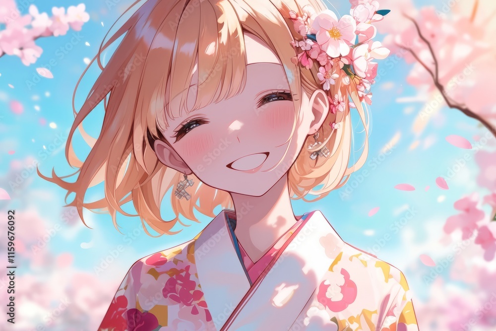 illustration of a anime female smiling and wearing Japanese Kimono , pastel background, Sakura tree illustration of a anime female smiling and wearing Japanese Kimono , pastel background, Sakura tree
