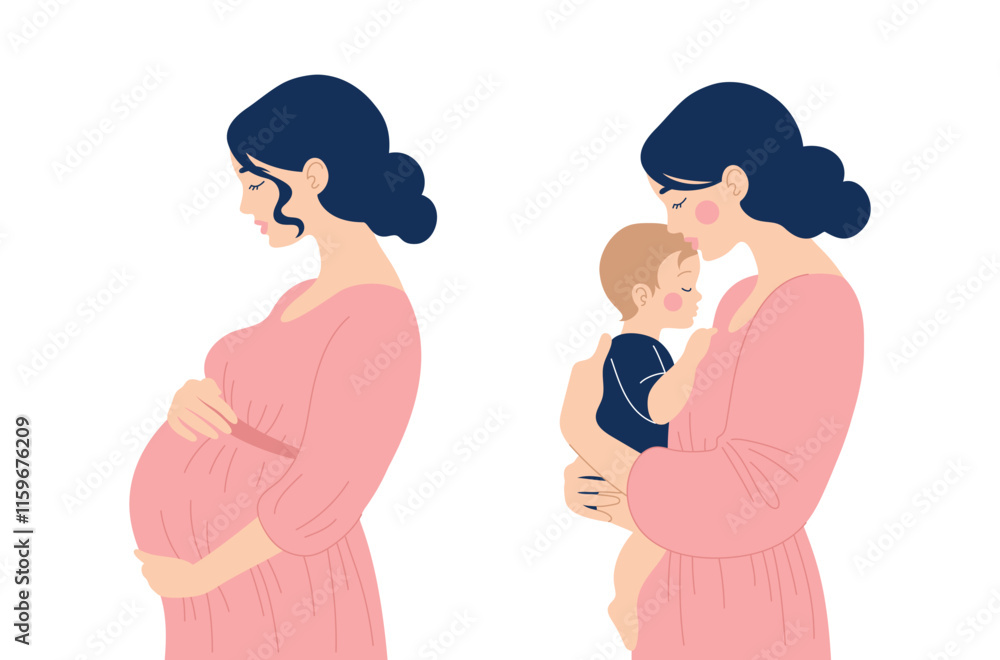 Fototapeta premium Concept of pregnancy and motherhood. Beautiful pregnant woman and mother with baby in her arms standing sideways. Vector illustration