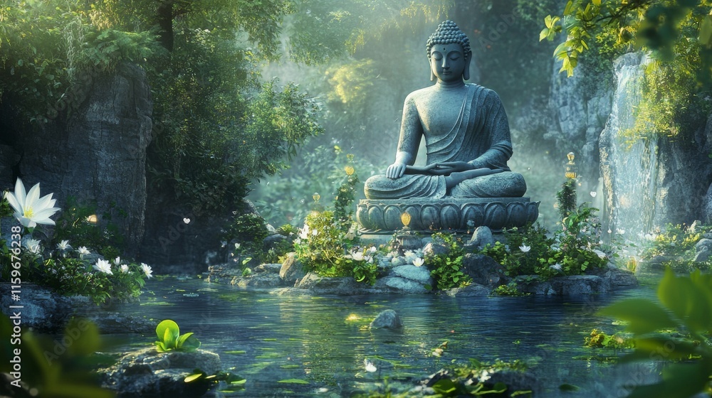 Buddha statue on a lake surrounded by nature Buddha statue on a lake surrounded by nature