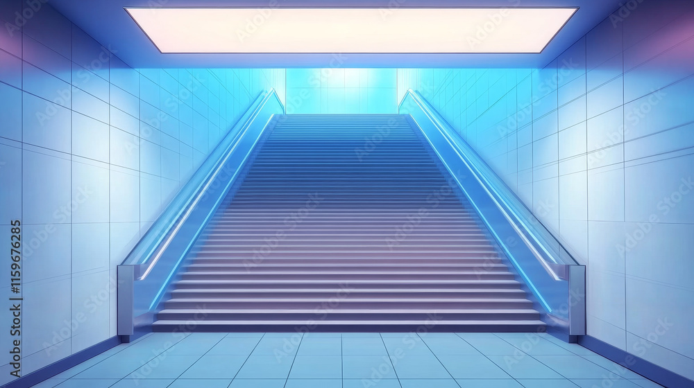 Obraz premium 3d stairs going to light and empty white LCD screens for advertising on walls. Exit from underground or subway, staircase construction, ladder building architecture, Realistic vector illustration