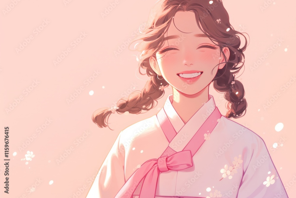 illustration of a anime female smiling and wearing Korean Traditional Hanbok illustration of a anime female smiling and wearing Korean Traditional Hanbok
