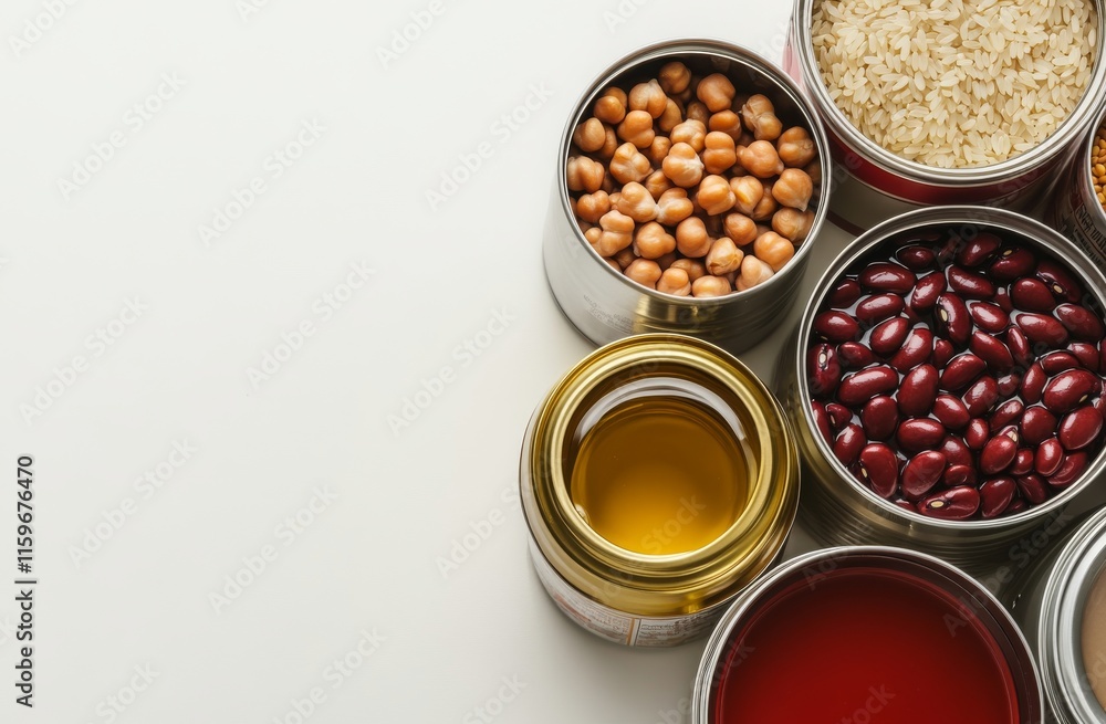 A kitchen table arranged in a flat lay with an abundance of non-perishable items, with space reserved for text. A kitchen table arranged in a flat lay with an abundance of non-perishable items, with space reserved for text.