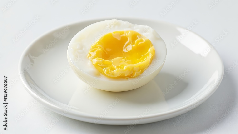 Perfectly cooked soft boiled egg on white plate - minimalist culinary presentation Perfectly cooked soft boiled egg on white plate - minimalist culinary presentation