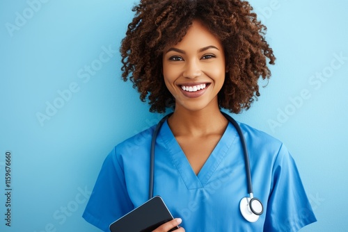 female smiling and wearing nurse outfit and carrying a digital tablet , light blue background
 photo