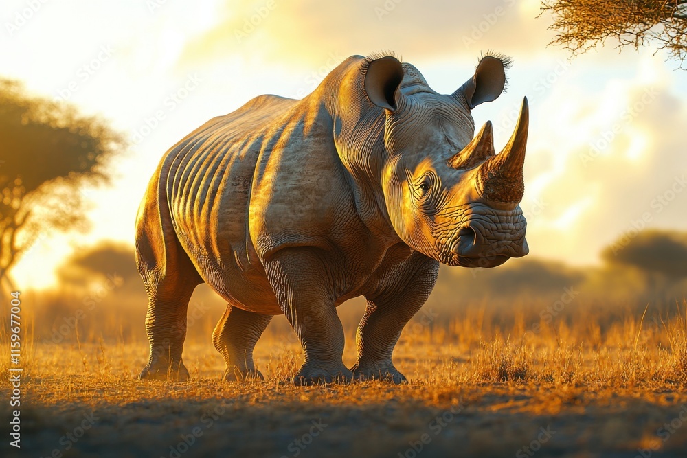 Fototapeta premium White rhinoceros in African savanna under golden sunlight