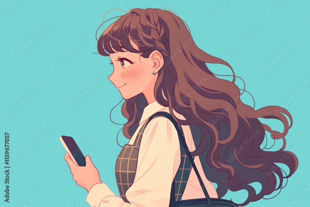anime style illustration of a female smiling and wearing pretty dress and carrying a smartphone , light blue background anime style illustration of a female smiling and wearing pretty dress and carrying a smartphone , light blue background