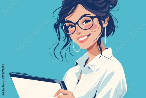 illustration of a female smiling and wearing secretary outfit and carrying a digital tablet, anime style photo