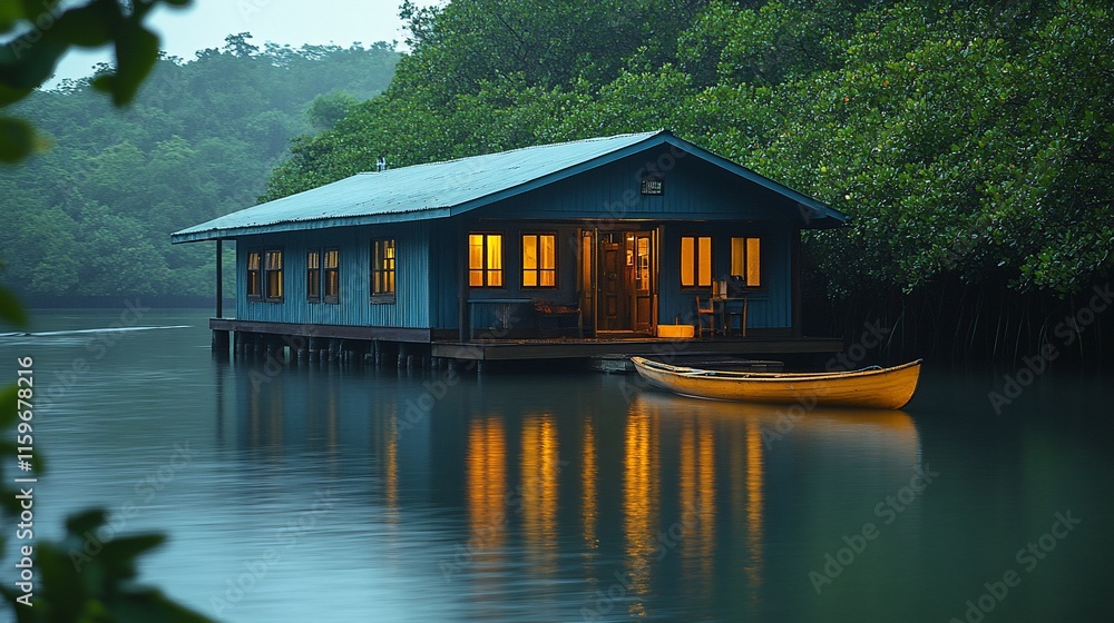 Fototapeta premium Lakeside Cabin Illuminated At Dusk With Canoe
