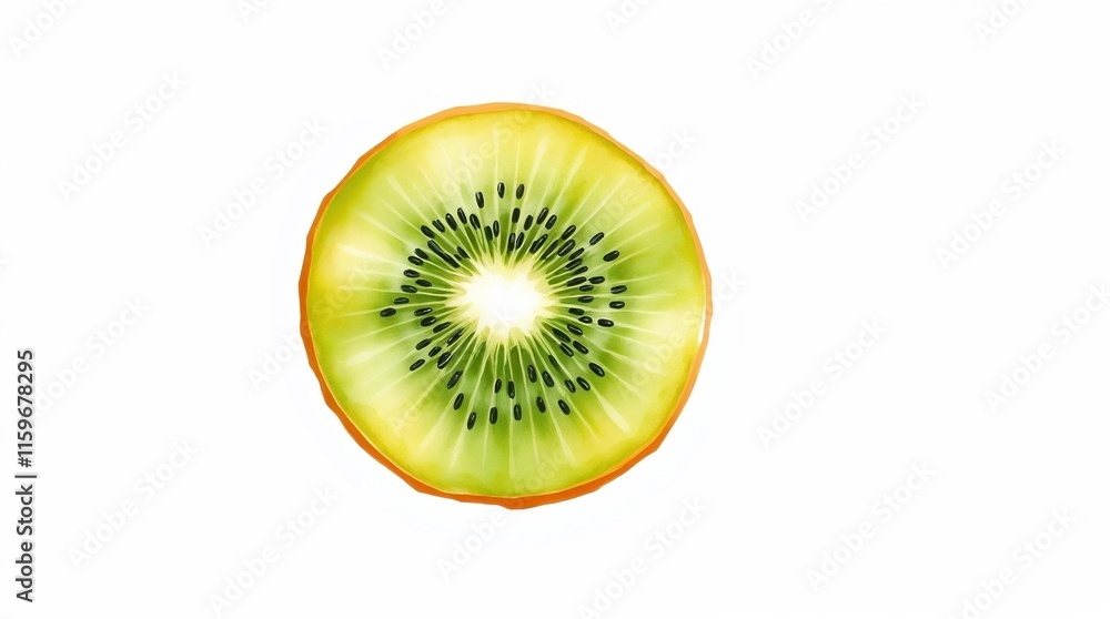 Fresh kiwi fruit slice with vibrant colors and detailed seeds on a white background 