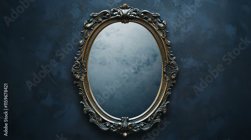 Vintage magic mirror with frame cartoon game illustration. Vector ui princess or witch object for fantasy or fairytale medieval interface. Antique decorative oval asset isolated on dark background.