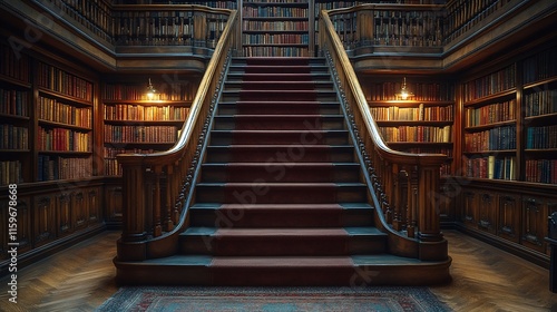 Grand Wooden Staircase Ascending Between Library Walls