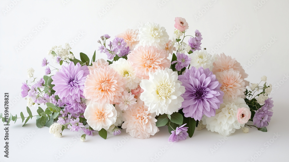 白背景で淡い色合いのシンプルな花束を中心に配置した写真 白背景で淡い色合いのシンプルな花束を中心に配置した写真