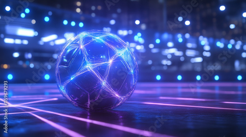 Hologram football. Holographic projection of a soccer ball. Flickering energy flux of particles. The scientific design of the sport.