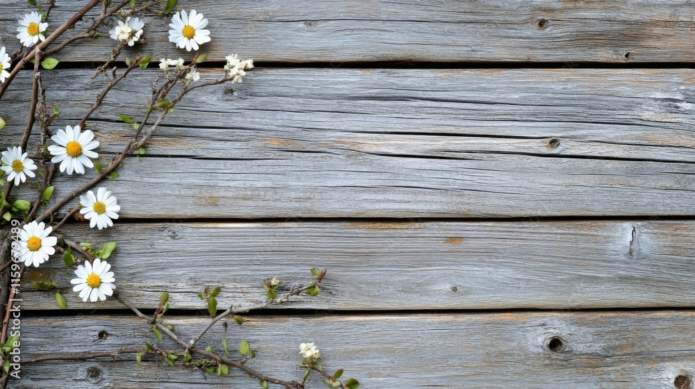 Obraz premium Daisies and Branches on Weathered Wooden Boards