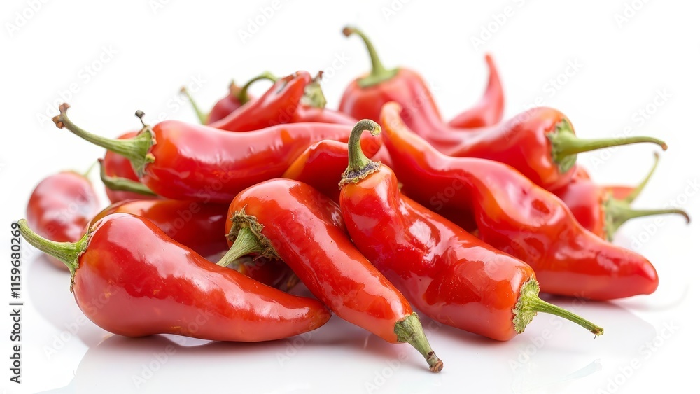 A bountiful pile of fresh red chili peppers on a white background A bountiful pile of fresh red chili peppers on a white background