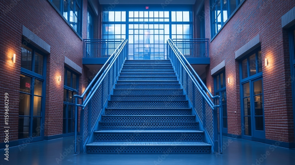 Fototapeta premium Blue Metal Staircase in a Brick Building Interior