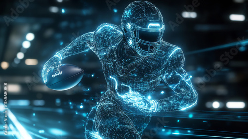 American football hologram. Digital and technological background of football player. Futuristic American football design