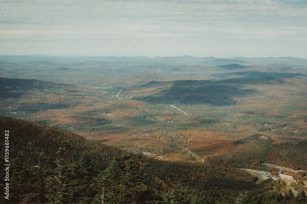 Fototapeta premium Foggy Autumn view of fall foliage in the morning from the top of the hill, New England