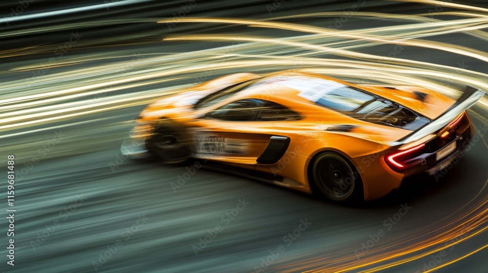Fototapeta premium A sports car races incredibly fast, leaving trails of light