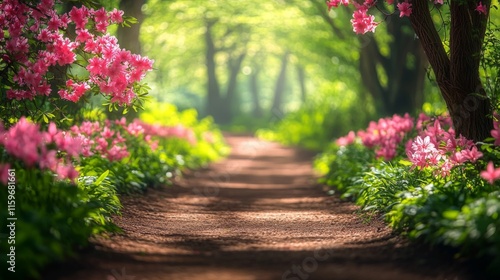 Pink azaleas line a sunlit forest path