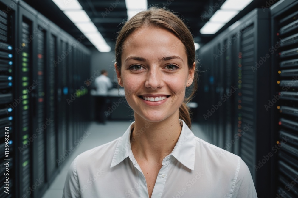 Fototapeta premium Close portrait of a smiling young Luxembourgish female IT worker looking at the camera, against dark server room blurred background.