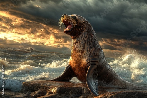 Majestic adult male sea lion in dramatic coastal environment photo