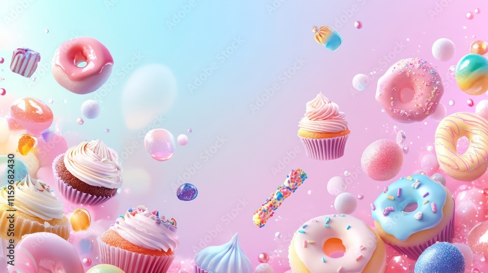 Colorful cupcakes, donuts, and candies floating in pastel background. Colorful cupcakes, donuts, and candies floating in pastel background.