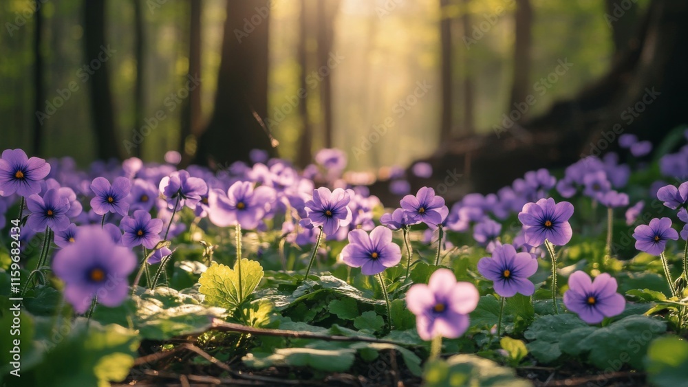 Obraz premium Purple Flowers Blooming In A Sunlit Forest