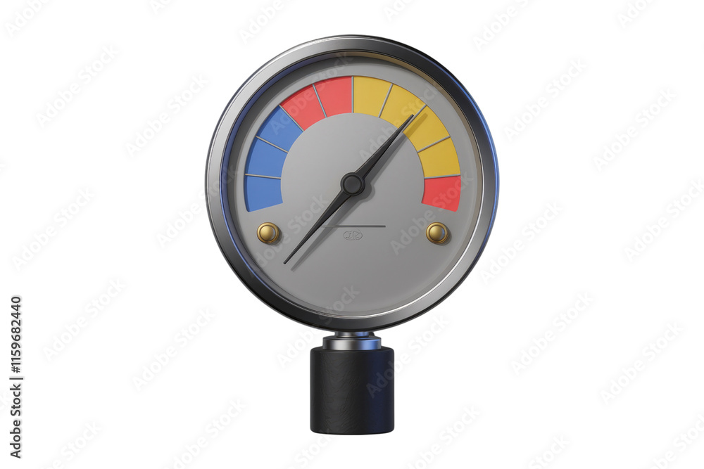 A 3D rendered image of a circular gauge with a needle indicating a level using colorful segments. background removed A 3D rendered image of a circular gauge with a needle indicating a level using colorful segments. background removed