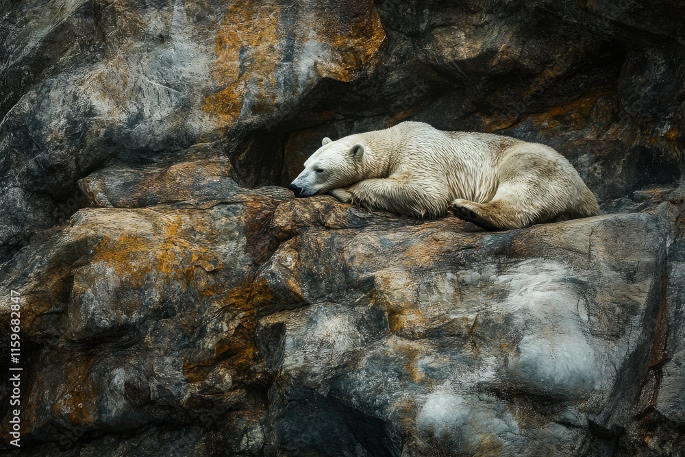 Vulnerable polar bear resting on rocky outcrop in Arctic Vulnerable polar bear resting on rocky outcrop in Arctic