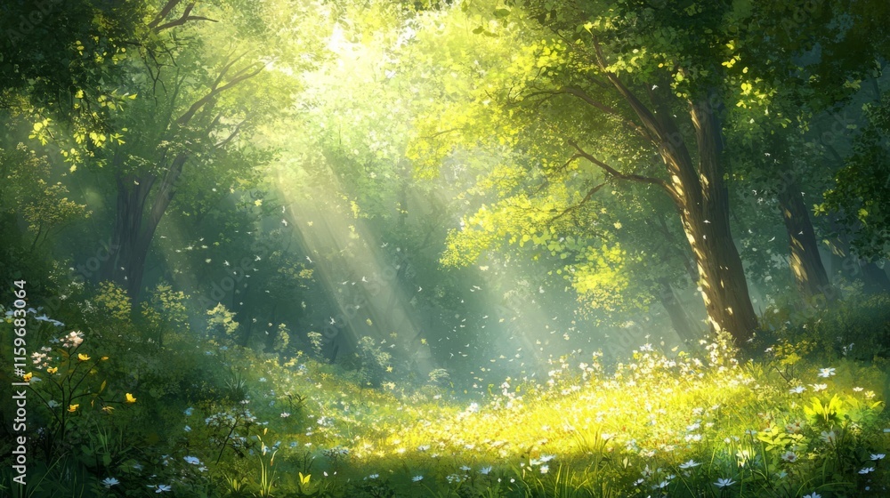 Obraz premium Sunlit Forest Glade With Blooming Flowers And Butterflies