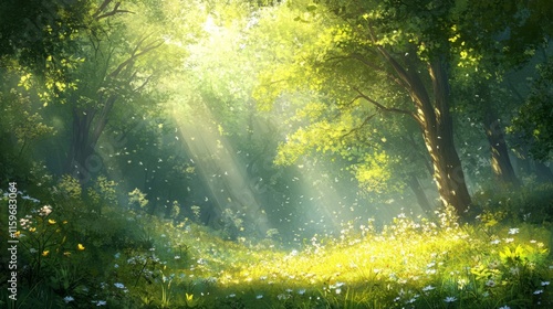 Sunlit Forest Glade With Blooming Flowers And Butterflies