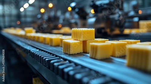 Industrial Production of Cheese Blocks on Conveyor Belt in Modern Factory Setting with Efficient Machinery and Hints of Automation for Food Processing photo