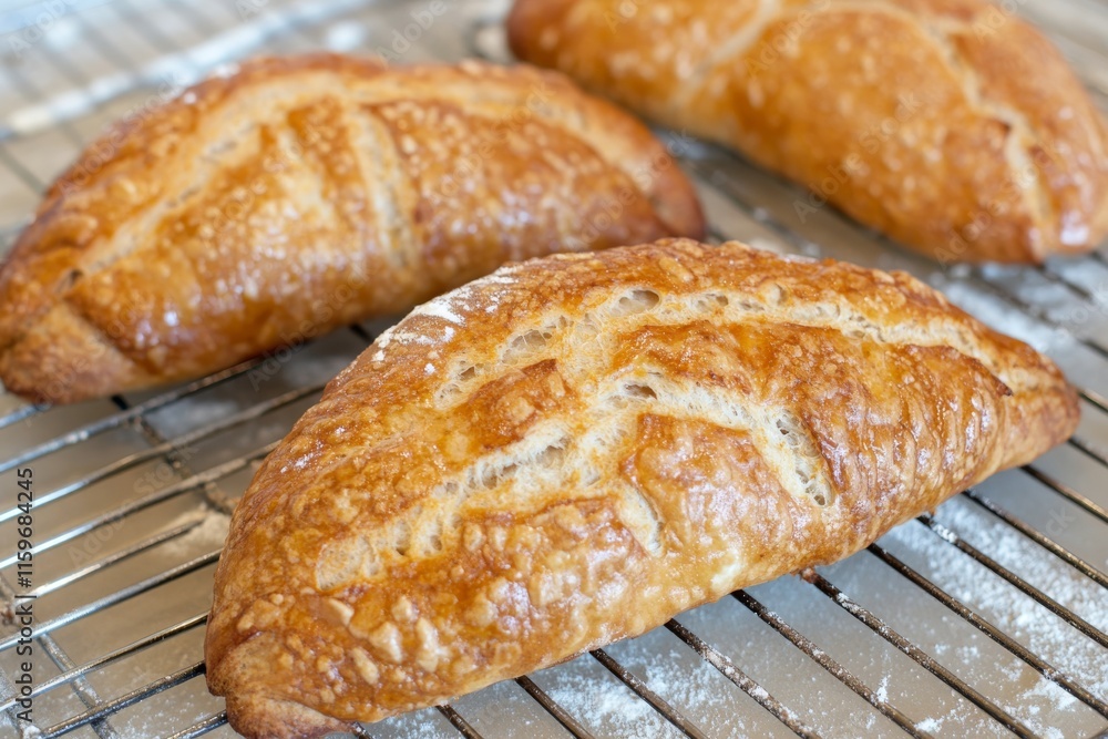Bread loaves travel on an automated conveyor belt in the bakery Bread loaves travel on an automated conveyor belt in the bakery