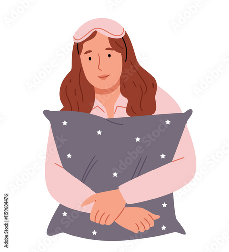 A girl with a sleep mask holds a pillow in her hands.