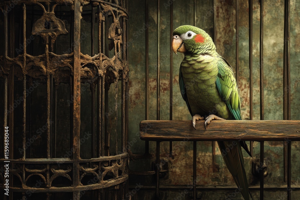 Obraz premium Amazon parrot in ornate birdcage warm tones detailed background