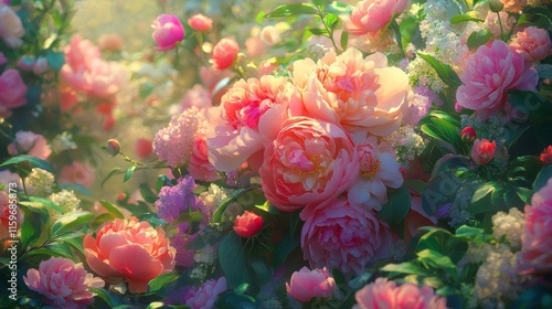 Wallpaper Mural Sunlit Pink Peonies Blooming in Lush Garden Torontodigital.ca