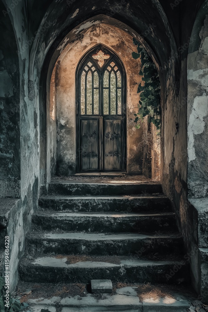 A gothic archway leads to an old door, illuminated by soft light, evoking mystery and a sense of history. A gothic archway leads to an old door, illuminated by soft light, evoking mystery and a sense of history.