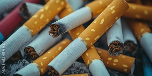 A close-up view of burnt cigarettes scattered across a dark surface, symbolizing addiction and environmental impact.