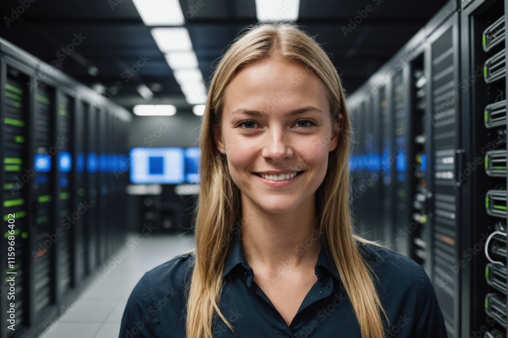 Fototapeta premium Close portrait of a smiling young Norwegian female IT worker looking at the camera, against dark server room blurred background.