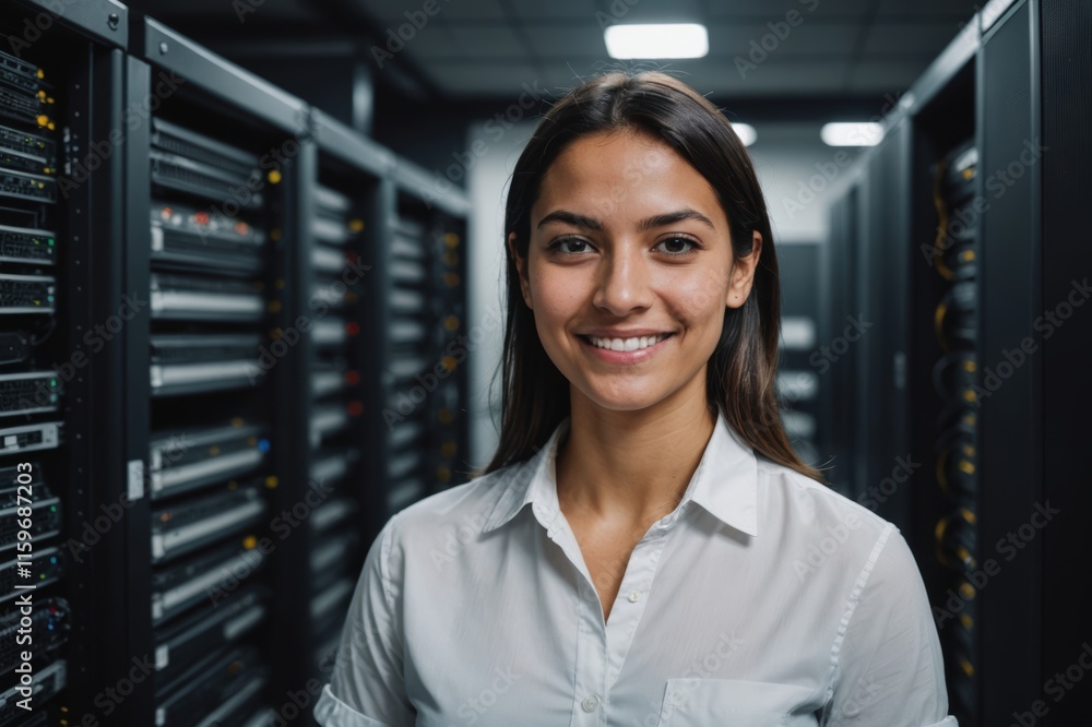 Fototapeta premium Close portrait of a smiling young Paraguayan female IT worker looking at the camera, against dark server room blurred background.