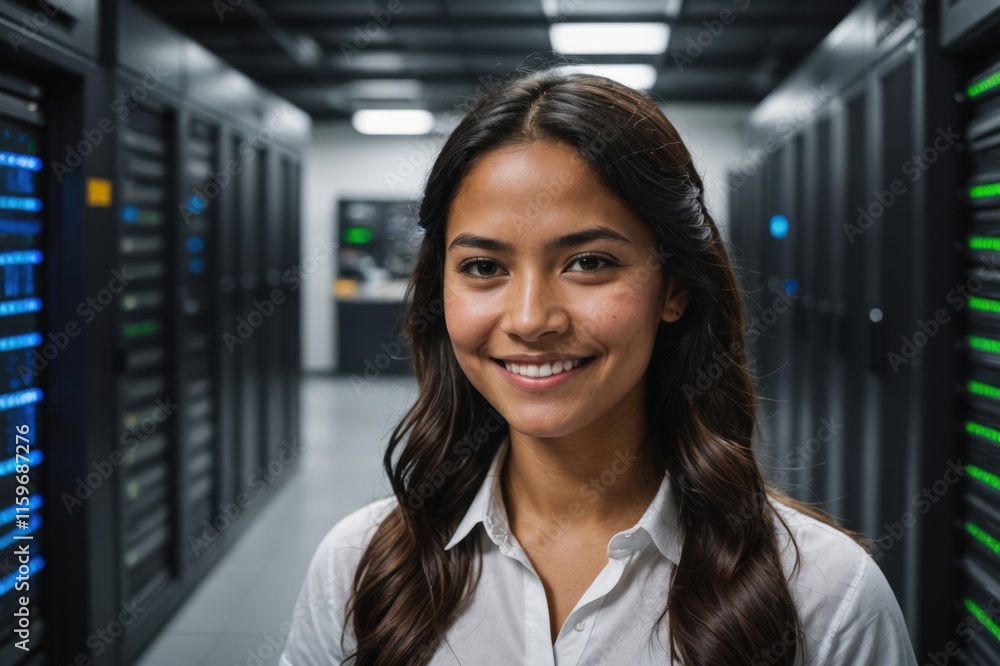 Fototapeta premium Close portrait of a smiling young Peruvian female IT worker looking at the camera, against dark server room blurred background.
