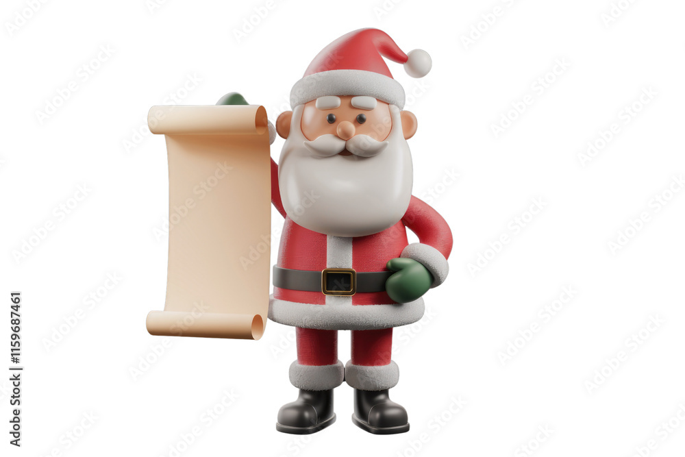 Cheerful 3D Santa Claus holds a blank scroll, perfect for Christmas wishes or messages. background removed Cheerful 3D Santa Claus holds a blank scroll, perfect for Christmas wishes or messages. background removed