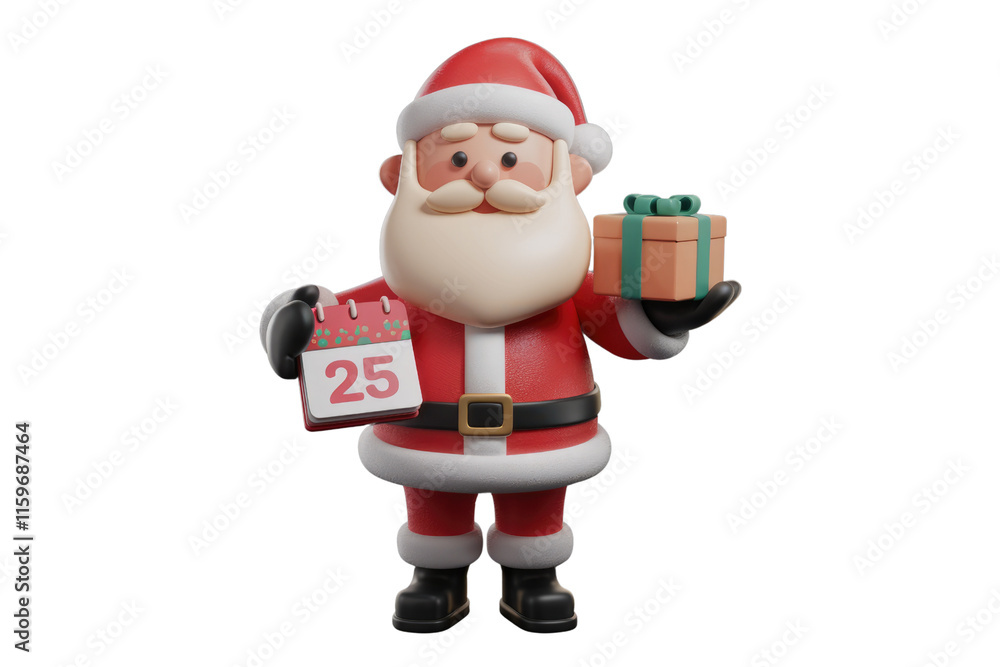 3D render of Santa Claus holding a calendar showing December 25th and a gift. background removed 3D render of Santa Claus holding a calendar showing December 25th and a gift. background removed