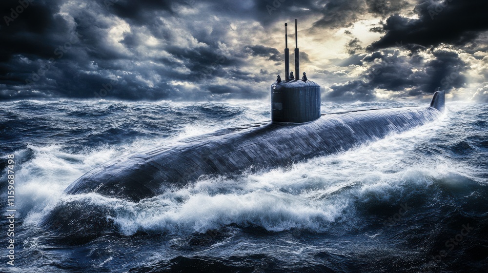 Fototapeta premium Submarine Navigating Through Dramatic Sea Waves