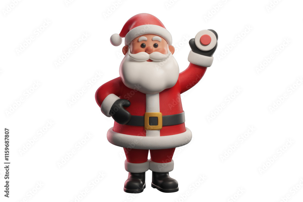 A cheerful 3D model of Santa Claus holding a red circle, perfect for Christmas celebrations. background removed A cheerful 3D model of Santa Claus holding a red circle, perfect for Christmas celebrations. background removed